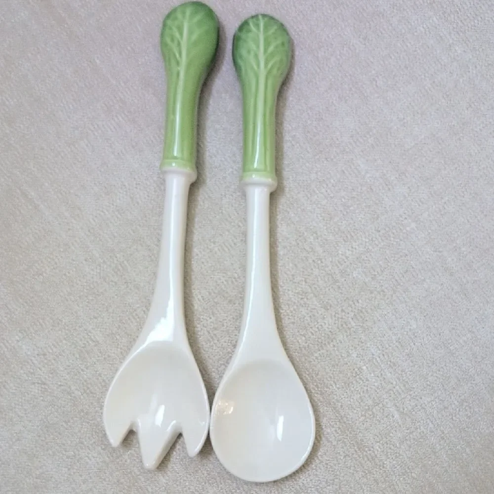 Green and White Ceramic Cabbage Handle Salad Servers